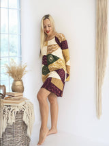 Handmade Patchwork Boho Dress Bell Sleeves 100% Pre-Washed Cotton Brown Beige Tone