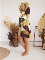 Handmade Patchwork Boho Dress Bell Sleeves 100% Pre-Washed Cotton Brown Beige Tone