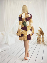 Handmade Patchwork Boho Dress Bell Sleeves 100% Pre-Washed Cotton Brown Beige Tone