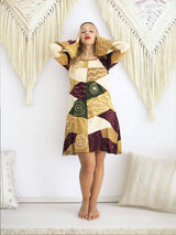 Handmade Patchwork Boho Dress Bell Sleeves 100% Pre-Washed Cotton Brown Beige Tone