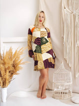Handmade Patchwork Boho Dress Bell Sleeves 100% Pre-Washed Cotton Brown Beige Tone