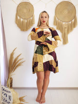 Handmade Patchwork Boho Dress Bell Sleeves 100% Pre-Washed Cotton Brown Beige Tone