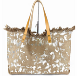 Aqua & Gold Canvas Handbag with Leather Handles, Made in Italy, Gorgeous Boho-Inspired Design