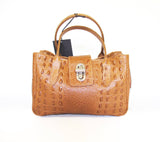 Tan Leather Handbag Detachable Shoulder Strap Croc Embossed Made In Italy