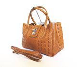 Tan Leather Handbag Detachable Shoulder Strap Croc Embossed Made In Italy