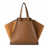 Back view of brown leather and suede handbag