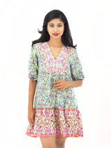 Bohemian Gypsy Hippy Rayon Light Weight Short Dress Green Floral S-M-L