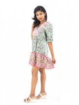 Bohemian Gypsy Hippy Rayon Light Weight Short Dress Green Floral S-M-L