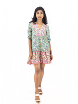 Bohemian Gypsy Hippy Rayon Light Weight Short Dress Green Floral S-M-L