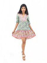 Bohemian Gypsy Hippy Rayon Light Weight Short Dress Green Floral S-M-L