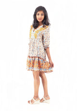 Bohemian Gypsy Hippy Rayon Light Weight Short Dress Yellow Floral S-M-L