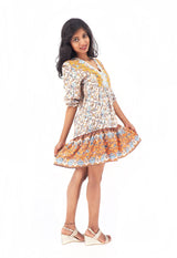 Bohemian Gypsy Hippy Rayon Light Weight Short Dress Yellow Floral S-M-L