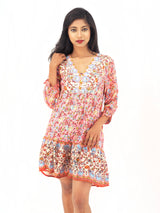 Bohemian Gypsy Hippy Rayon Light Weight Short Dress Green Floral S-M-L