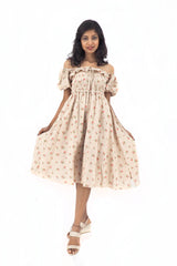 Bohemian Gypsy Hippy Rayon Light Weight Short Dress Cream Floral S-M-L