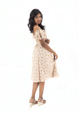 Bohemian Gypsy Hippy Rayon Light Weight Short Dress Cream Floral S-M-L