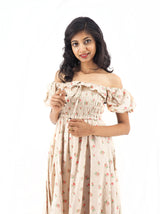 Bohemian Gypsy Hippy Rayon Light Weight Short Dress Cream Floral S-M-L