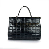 Quilted Pattern Black Leather Medium Handbag Handmade In Italy