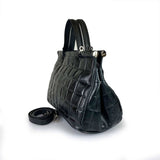 Quilted Pattern Black Leather Medium Handbag Handmade In Italy