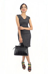 Quilted Pattern Black Leather Medium Handbag Handmade In Italy