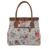 Floral Print On Leather Tan Trim Medium Handbag Handmade In Italy