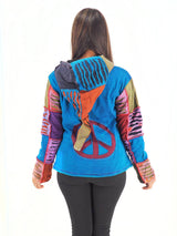 Handmade Patchwork Boho Hippie Hoodie 100% Pre-Washed Cotton Fleece Lined Blue S-M-L-XL
