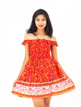 Bohemian Gypsy Hippy Rayon Light Weight Short Dress Smocked Top Red S-M