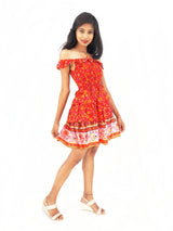 Bohemian Gypsy Hippy Rayon Light Weight Short Dress Smocked Top Red S-M