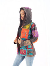 Handmade Patchwork Boho Hoodie 100% Pre-Washed Cotton Blue Orange Tones S-M-L-XL