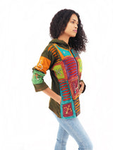 Handmade Patchwork Boho Hoodie 100% Pre-Washed Cotton Green Orange Tones S-M-L-XL