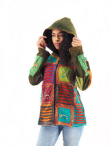 Handmade Patchwork Boho Hoodie 100% Pre-Washed Cotton Green Orange Tones S-M-L-XL