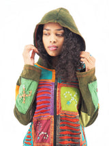 Handmade Patchwork Boho Hoodie 100% Pre-Washed Cotton Green Orange Tones S-M-L-XL