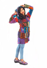 Handmade Patchwork Boho Hoodie 100% Pre-Washed Cotton Blue Purple Tones S-M-L-XL