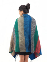 Back view of Handmade Yak Wool Shawl Blanket featuring multicolor stripes. A versatile, soft, and warm accessory for meditation or everyday comfort.