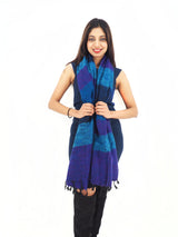 Handwoven Yak Wool Shawl Throw in blue and purple, wrapped as a scarf. Cozy, ethical, and perfect for layering in any season.