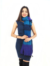 Yak Wool Shawl Throw styled as a scarf in blue and purple shades. Handmade, warm, and versatile for meditation, travel, or daily wear.