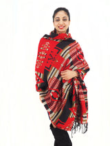 a woman wearing a red and black scarf