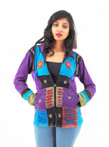 Handmade Patchwork Boho Hoodie 100% Pre-Washed Cotton Pixie Hood Blue Purple S-M-L-XL