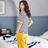 Sleep Wear 100% Soft Cotton Cat Print Striped Pajama Set Lounge wear M L XL XXL
