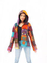 Handmade Patchwork Boho Hoodie 100% Pre-Washed Cotton Orange Purple Tones XXL