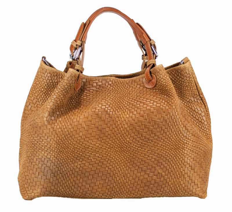 Front view of tan woven leather handbag, handmade in Italy.