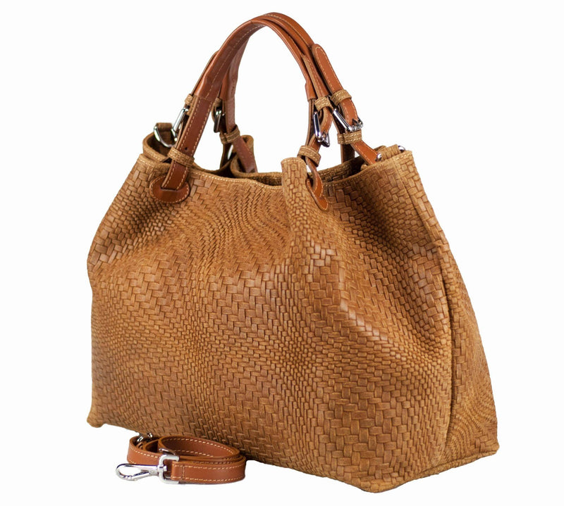 Brown braided leather handbag with detachable strap, side view