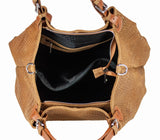 Interior view of brown braided leather handbag, multiple compartments