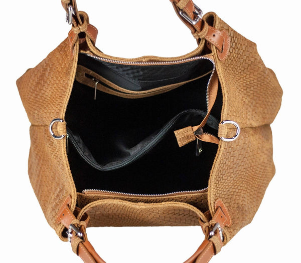 Interior view of brown braided leather handbag, multiple compartments