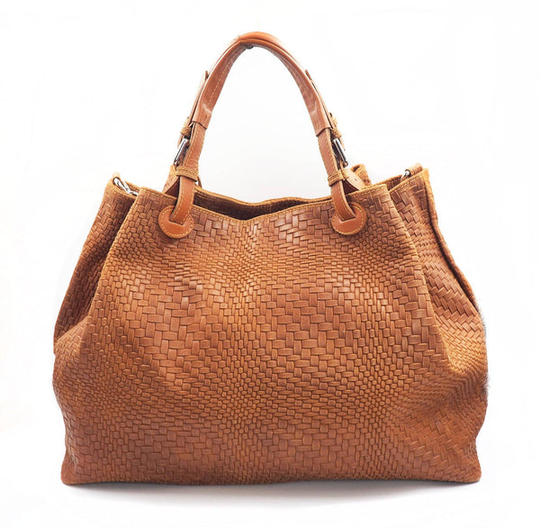 Woven Braided Pattern Tan Leather Large Handbag Handmade In Italy