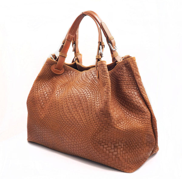 Woven Braided Pattern Tan Leather Large Handbag Handmade In Italy