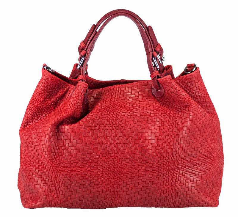 Woven Braided Pattern Red Leather Large Handbag Handmade In Italy
