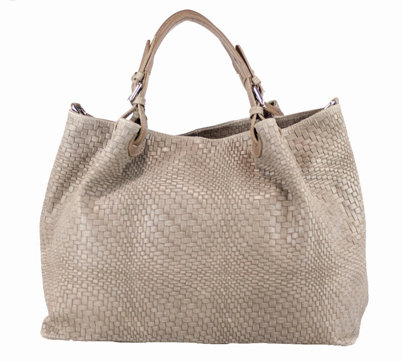 Woven Braided Pattern Beige Leather Large Handbag Handmade In Italy