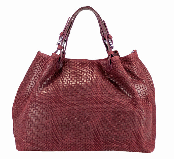 Burgundy woven leather handbag, handmade in Italy.