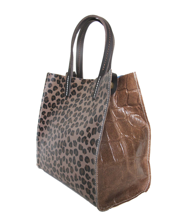 Leopard print leather handbag with brown side