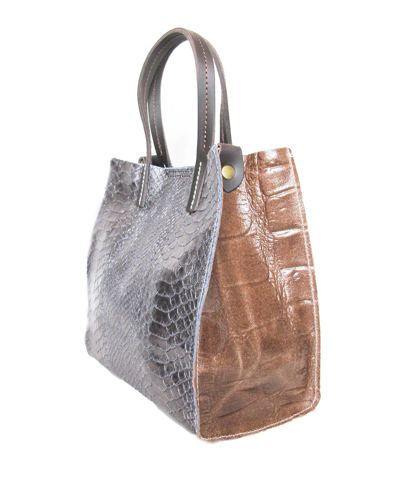 Python print leather handbag with brown side